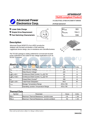 AP9408AGP datasheet - Lower Gate Charge, Simple Drive Requirement