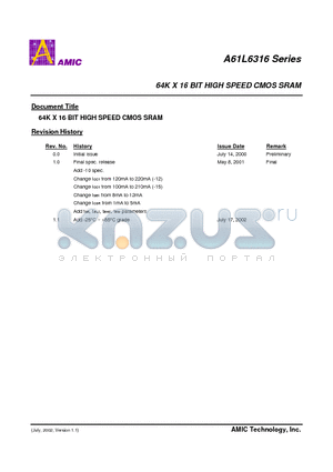 A61L6316S-10I datasheet - 64K X 16 BIT HIGH SPEED CMOS SRAM