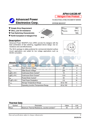 AP9412AGM-HF datasheet - Simple Drive Requirement, Ultra_Low On-resistance