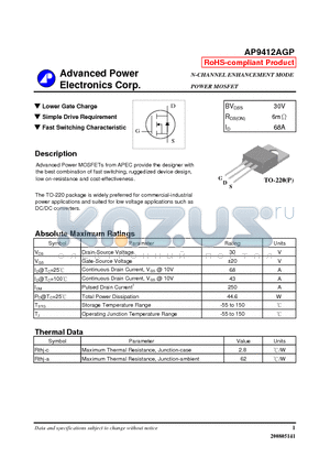 AP9412AGP datasheet - Lower Gate Charge, Simple Drive Requirement