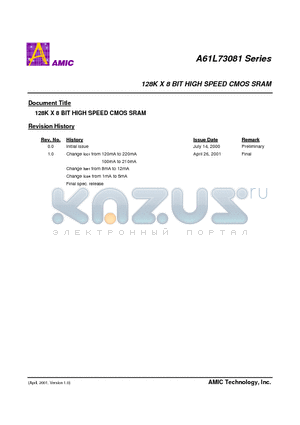 A61L73081SW-15 datasheet - 128K X 8 BIT HIGH SPEED CMOS SRAM