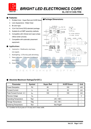 BL-HD1X134B-TRB datasheet - super red and Hi-Eff Green Suitable for all SMT assembly methods.