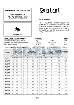 CMPZDA10V datasheet - DUAL ZENER DIODE 3.6 VOLTS THRU 33 VOLTS 350mW, 5% TOLERANCE
