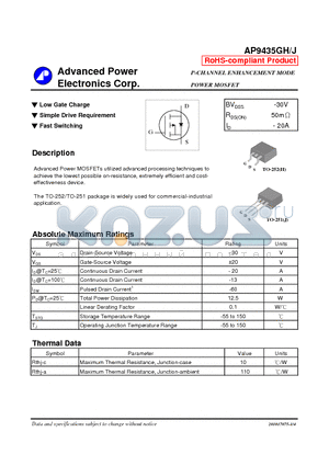 AP9435GH datasheet - P-CHANNEL ENHANCEMENT MODE POWER MOSFET