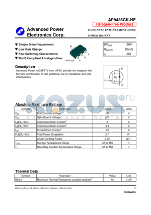 AP9435GK-HF datasheet - Simple Drive Requirement, Low Gate Charge
