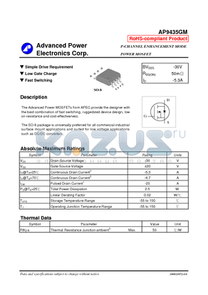 AP9435GM datasheet - Simple Drive Requirement, Low Gate Charge