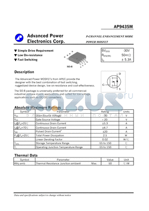 AP9435M datasheet - P-CHANNEL ENHANCEMENT MODE POWER MOSFET