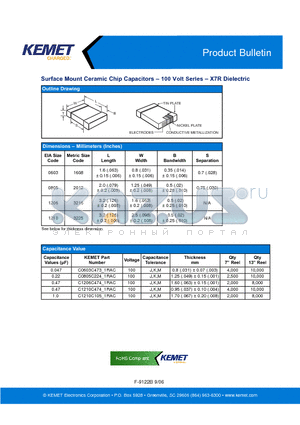 C0603C473J1RAC datasheet - Surface Mount Ceramic Chip Capacitors - 100 Volt Series - X7R Dielectric