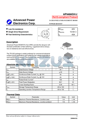 AP9466GH datasheet - N-CHANNEL ENHANCEMENT MODE POWER MOSFET