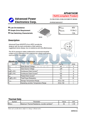 AP9467AGM datasheet - N-CHANNEL ENHANCEMENT MODE POWER MOSFET