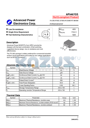 AP9467GS datasheet - N-CHANNEL ENHANCEMENT MODE POWER MOSFET