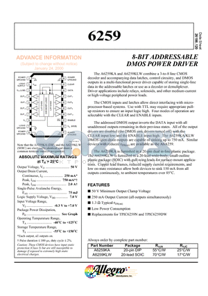 A6259KA datasheet - 8-BIT ADDRESSABLE DMOS POWER DRIVER