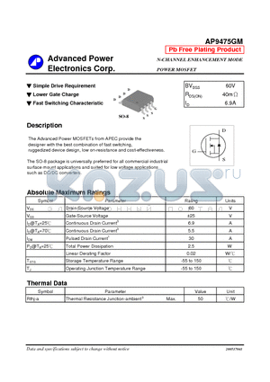 AP9475GM datasheet - N-CHANNEL ENHANCEMENT MODE POWER MOSFET