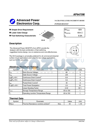 AP9475M datasheet - N-CHANNEL ENHANCEMENT MODE POWER MOSFET