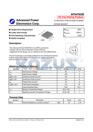 AP9478GM datasheet - N-CHANNEL ENHANCEMENT MODE POWER MOSFET