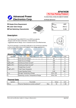 AP9479GM datasheet - N-CHANNEL ENHANCEMENT MODE POWER MOSFET