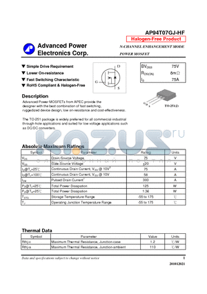 AP94T07GJ-HF datasheet - N-CHANNEL ENHANCEMENT MODE POWER MOSFET