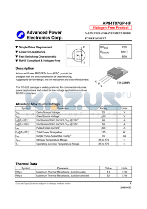 AP94T07GP-HF datasheet - N-CHANNEL ENHANCEMENT MODE POWER MOSFET