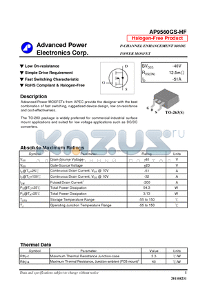 AP9560GS-HF datasheet - N-CHANNEL ENHANCEMENT MODE POWER MOSFET