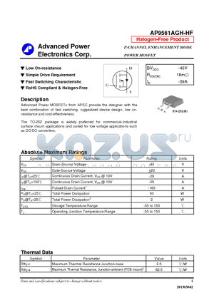 AP9561AGH-HF datasheet - N-CHANNEL ENHANCEMENT MODE POWER MOSFET