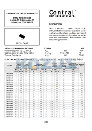 CMPZDA8V2 datasheet - DUAL ZENER DIODE 3.6 VOLTS THRU 33 VOLTS 350mW, 5% TOLERANCE