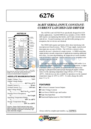 A6276ELW datasheet - 16-BIT SERIAL-INPUT, CONSTANT CURRENT LATCHED LED DRIVER