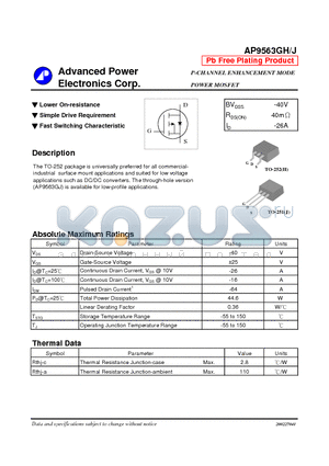 AP9563GJ datasheet - P-CHANNEL ENHANCEMENT MODE POWER MOSFET