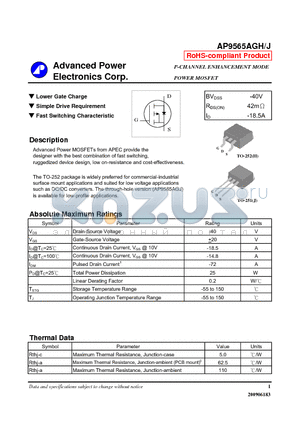AP9565AGH datasheet - Lower Gate Charge, Simple Drive Requirement
