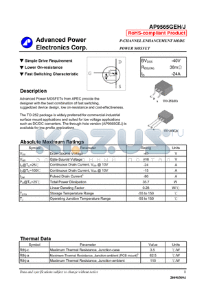 AP9565GEH datasheet - Simple Drive Requirement, Lower On-resistance