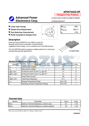AP9575AGI-HF datasheet - Lower Gate Charge, Simple Drive Requirement, Fast Switching Characteristic