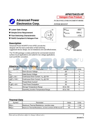 AP9575AGS-HF datasheet - N-CHANNEL ENHANCEMENT MODE POWER MOSFET