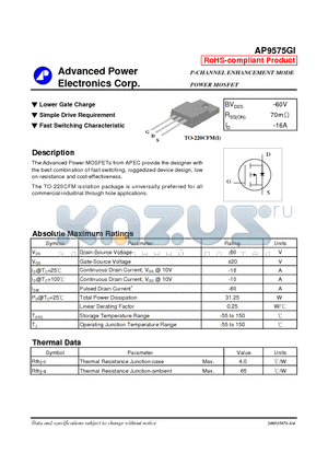 AP9575GI datasheet - P-CHANNEL ENHANCEMENT MODE POWER MOSFET