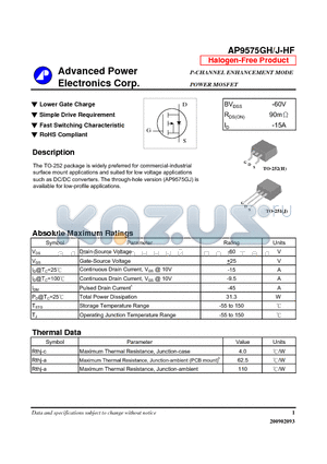 AP9575GJ-HF datasheet - P-CHANNEL ENHANCEMENT MODE POWER MOSFET