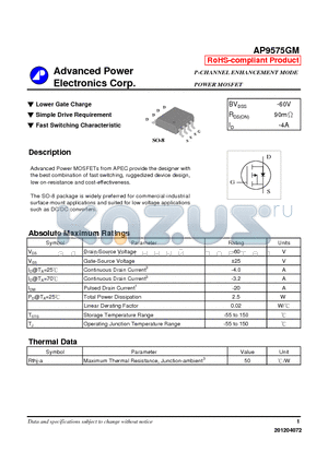 AP9575GM datasheet - Lower Gate Charge, Simple Drive Requirement, Fast Switching Characteristic