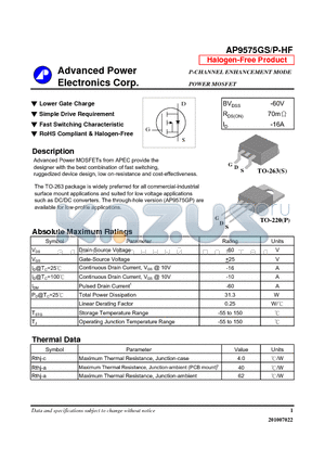 AP9575GP-HF datasheet - Lower Gate Charge, Simple Drive Requirement, Fast Switching Characteristic