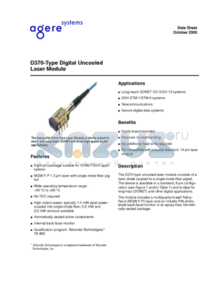 D370-02N datasheet - D370-Type Digital Uncooled Laser Module