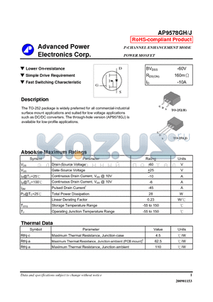 AP9578GH datasheet - P-CHANNEL ENHANCEMENT MODE POWER MOSFET