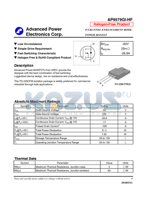 AP9579GI-HF datasheet - P-CHANNEL ENHANCEMENT MODE POWER MOSFET