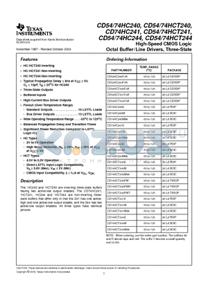 CD74HC241EE4 datasheet - High-Speed CMOS Logic Octal Buffer/Line Drivers, Three-State