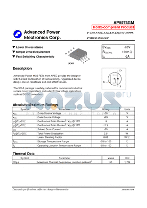 AP9578GM datasheet - P-CHANNEL ENHANCEMENT MODE POWER MOSFET