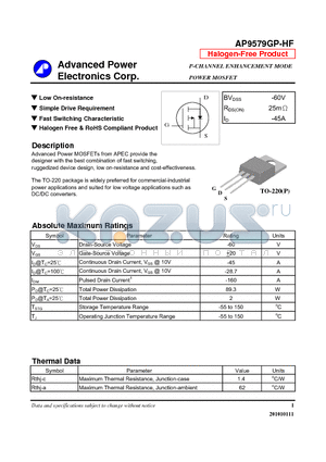 AP9579GP-HF datasheet - P-CHANNEL ENHANCEMENT MODE POWER MOSFET