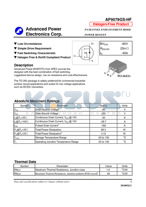 AP9579GS-HF datasheet - P-CHANNEL ENHANCEMENT MODE POWER MOSFET
