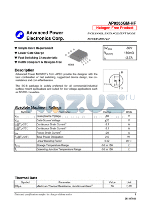 AP9585GM-HF datasheet - N-CHANNEL ENHANCEMENT MODE POWER MOSFET