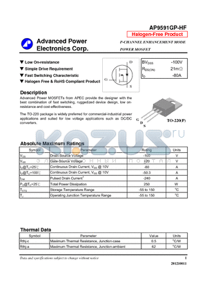 AP9591GP-HF datasheet - N-CHANNEL ENHANCEMENT MODE POWER MOSFET