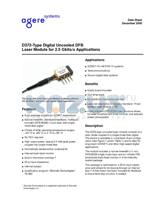 D372-21SS datasheet - D372-Type Digital Uncooled DFB Laser Module for 2.5 Gbits/s Applications