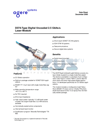 D374-02F datasheet - D374-Type Digital Uncooled 2.5 Gbits/s Laser Module