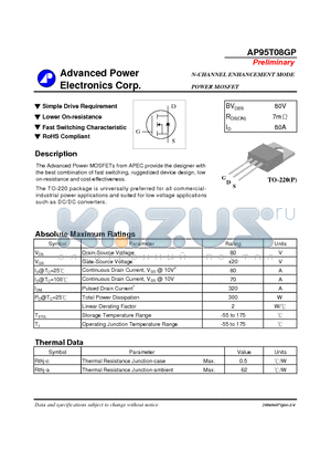 AP95T08GP datasheet - N-CHANNEL ENHANCEMENT MODE POWER MOSFET