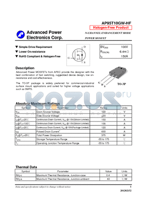 AP95T10GW-HF datasheet - N-CHANNEL ENHANCEMENT MODE POWER MOSFET