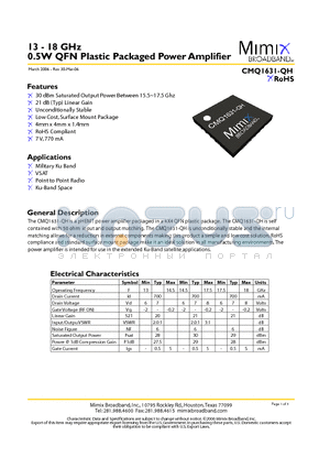 CMQ1631-QH-0G0T datasheet - 13 - 18 GHz 0.5W QFN Plastic Packaged Power Amplifier