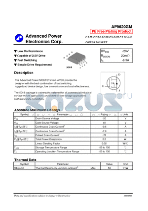 AP9620GM datasheet - P-CHANNEL ENHANCEMENT MODE POWER MOSFET